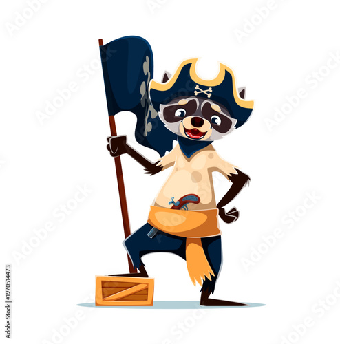 Cartoon raccoon pirate vector character standing with confident pose, holding a large pirate flag on a wooden pole. Racoon corsair wearing black tricorn hat with crossbones, orange sash and navy pants