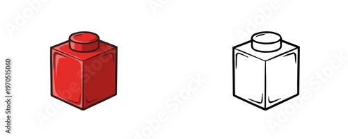 Building block in flat cartoon and black line style in red and white colors representing construction element for kids play and education on white background