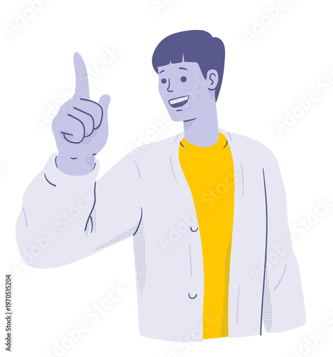 Minimalist character of a smiling young man pointing up, showing an idea