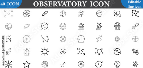 Collection of 40 editable line icons depicting various astronomy and observatory related objects and symbols in simple minimalist style