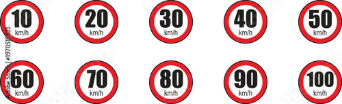 Speed limit road sign icon set featuring multiple maximum speed regulations from 10 km/h to 100 km/h.