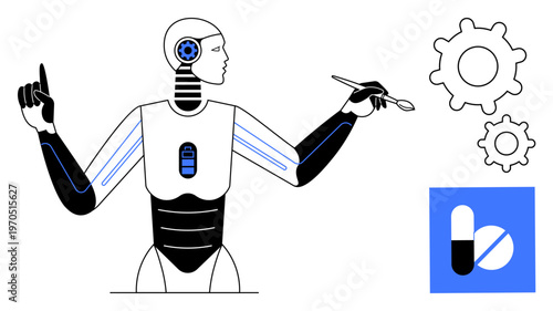 Artificial intelligence, robotics, healthcare innovation, medical technology, automation, futuristic design. Robot holding a stylus with gears and pill symbol. AI and healthcare technology concept