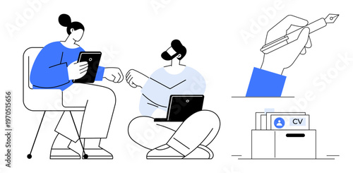 Recruitment concept. Recruitment involves team collaboration and reviewing digital documents. Recruitment ensures hiring efficiency and organized CV management. For HR systems, hiring strategies