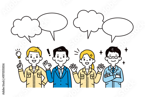 笑顔で意見を述べる、社長と工場で働く複数の男女の従業員の上半身ベクターイラスト素材セット