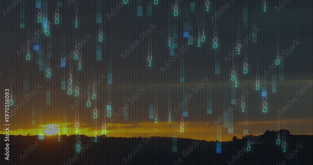 Fototapeta premium Falling digital rain veiling dusk sky over dark ridge, showing sun left, binary digits cyan pixels