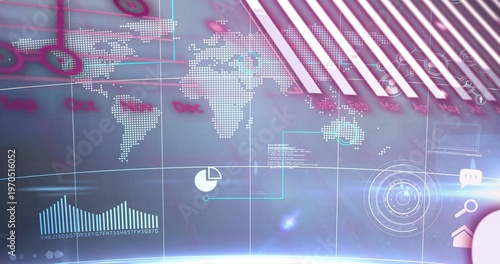 Projecting multi-panel digital dashboard on curved screen in command hub, dotted map and radar HUD