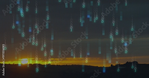 Falling digital rain veiling dusk sky over dark ridge, showing sun left, binary digits cyan pixels