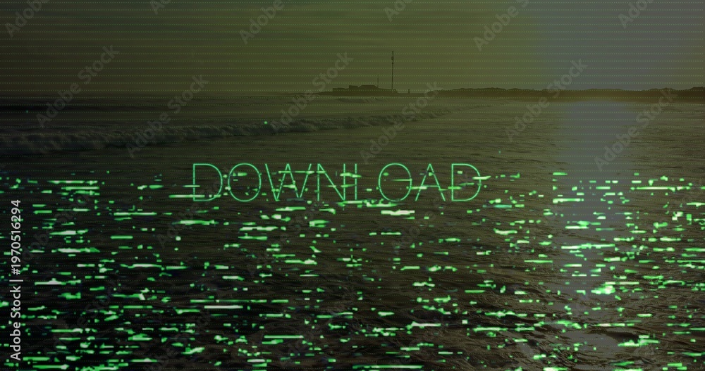 Naklejka premium Glitching neon-green DOWNLOAD overlay over sea at dusk with scanline, green noise, masts, sun-glint