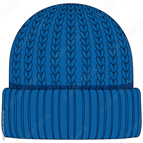 Blue Cable Knit Beanie Flat Vector Illustration Template