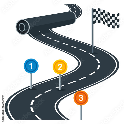 Flat Design Race Track Roadmap With Checkered Flag And Milestone Markers Vector Template