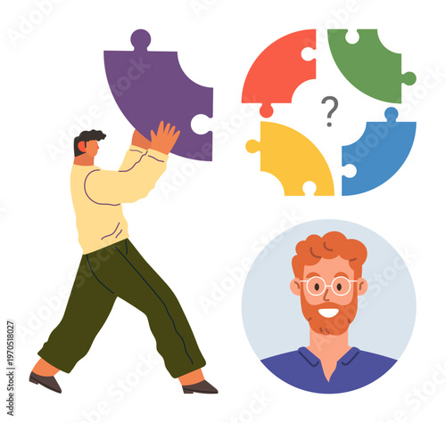 Teamwork, problem-solving, brainstorming, personal identity, collaboration, logical thinking. Man holding a puzzle piece, circular puzzle and a male portrait. Teamwork and problem-solving concept