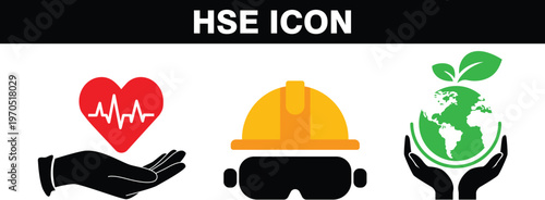 HSE (Health, Safety, and Environment) icon set featuring three main concepts