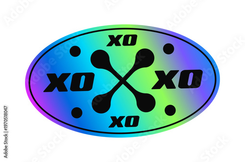 XOXO hologram vintage Y2K sticker or label. Gradient chrome hologram vintage patch, glossy holographic Y2K vector tag. Metallic color iridescent sticker with hugs and kisses abbreviation typography