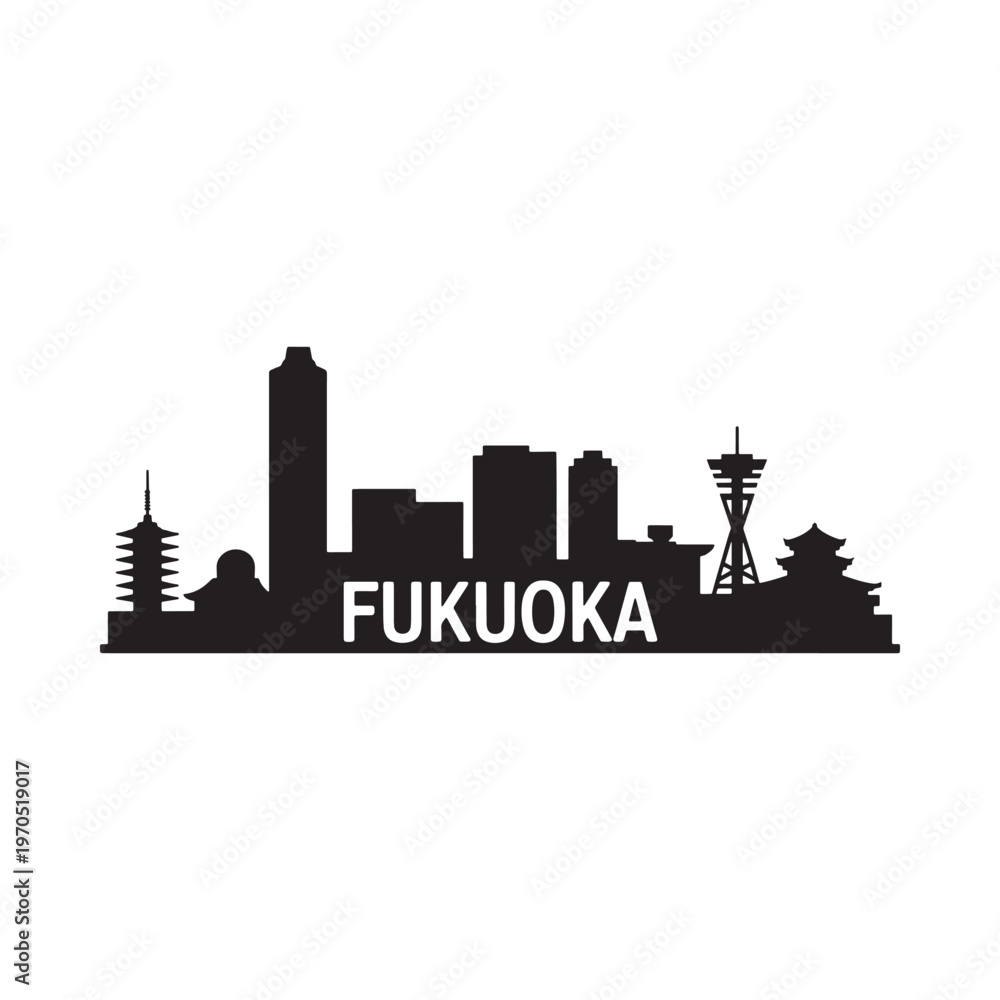 Naklejka premium Fukuoka city skyline silhouette against a plain white background