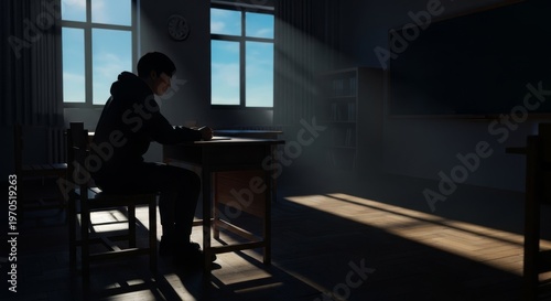 A heavy atmosphere fills the vacant classroom as a solitary silhouette rests at a wooden desk amidst long shadows and dim evening light, loneliness, stress, learning