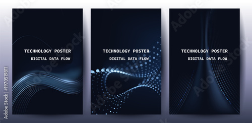 Technology Banner Poster set. Futuristic digital data wave glowing lines. Data science concept tech banner, corporate business presentation or booklet technology