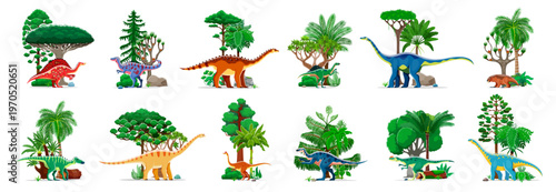 Cartoon funny prehistoric dinosaur characters, Jurassic lizards and reptiles, vector set. Prehistoric era dino species in jungle forest for kids dino atlas or paleontology animals encyclopedia