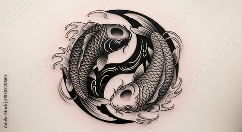 Ink drawing of two koi fish.