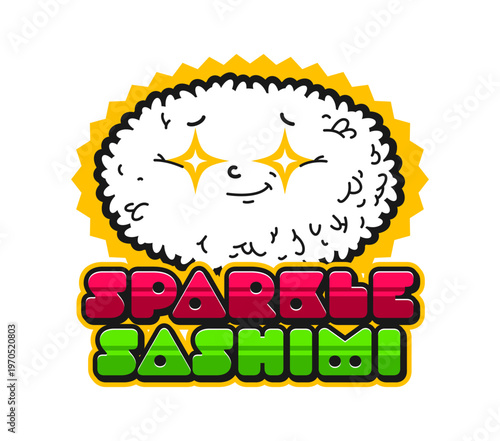 Japanese seafood sashimi sushi vintage Y2K sticker or label. Japan seafood meal vintage Y2K label, sushi menu gourmet vector patch. Japanese cuisine delicacy sticker with rice ball emoji character