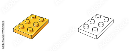 Building toy plate in flat cartoon and black line style in yellow and white colors representing construction base for kids play and creativity on white background