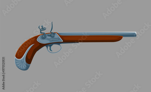 Pirate gun or flintlock pistol, corsair musket rifle of marine weapons, cartoon vector icon. Caribbean pirate musket or blunderbuss pistol, ancient maritime firearm or corsair nautical arquebus gun