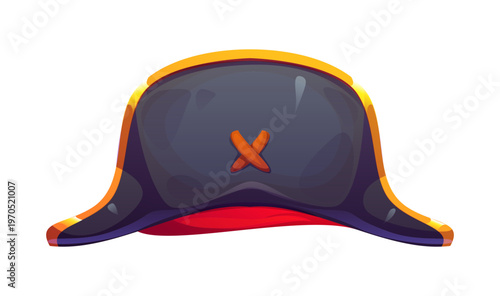 Pirate cocked hat or Caribbean corsair and captain headwear, cartoon vector. Medieval pirate bicorne or bicorn leather hat, sailor admiral, boatswain or seaman skipper and piracy crew marine headgear