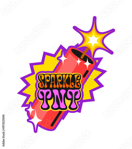 Sparkling dynamite bomb vintage Y2K sticker or label. Grenade Y2K vector patch, funny explosive isolated tag. TNT dynamite label with burning wick flame sparkle and colorful typography