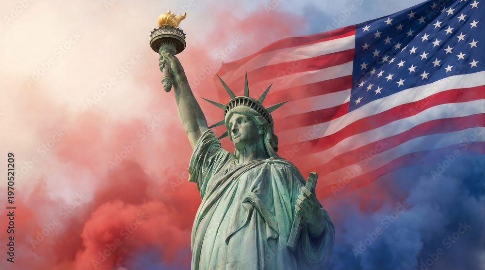 Fototapeta premium Statue of Liberty with waving American flag and red smoke background