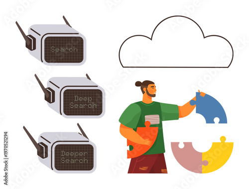 Data analysis, teamwork, cloud storage, innovation, online search, collaboration. Radios labeled Deep Search, a person holding puzzle pieces cloud illustration. Data analysis and teamwork concepts