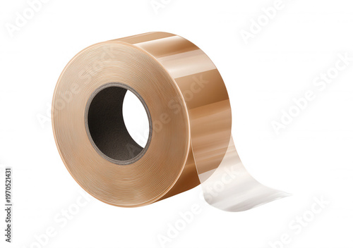Rouleau de ruban adhésif d'emballage marron brillant isolé sur fond blanc pour les besoins de logistique, de déménagement et de colis.