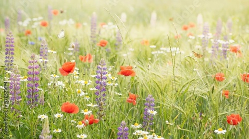 Vibrant Wildflowers in Green Meadow.