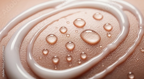 Close-up of luxurious white cosmetic cream or lotion swirled on smooth human skin with refreshing water droplets, symbolizing hydration, beauty, and skincare.