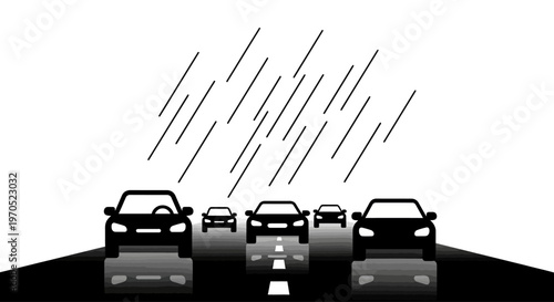 Cars in rain on the road.