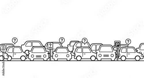 Cars line up in parking lot.