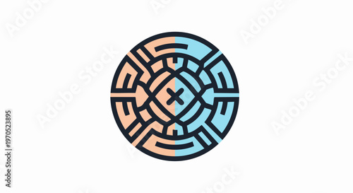 Abstract circular maze symbol with central cross icon.