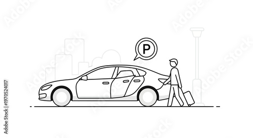 Man walking to parked automobile vehicle.