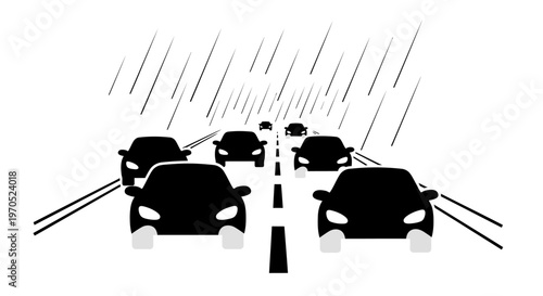 Cars driving on rainy highway road.