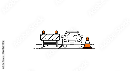 Car stopped behind road blockage warning.