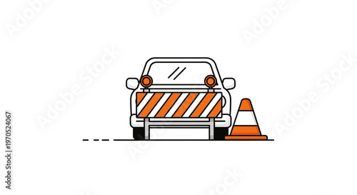 Car with road block warning signs.