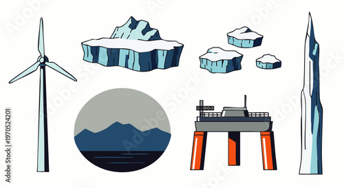 Set of environmental elements: wind turbine, icebergs, oil rig, and mountain landscape illustration