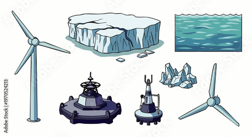 Collection of renewable energy sources and ice formations, including wind turbines, buoys, icebergs, and water, representing sustainability and climate change themes.