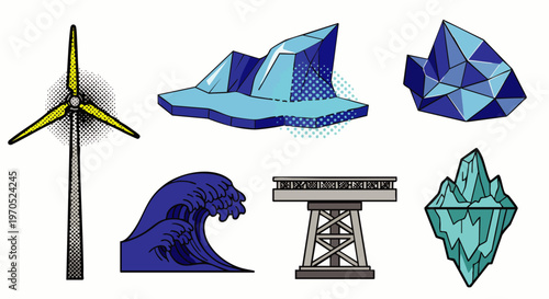 Collection of renewable energy sources and natural phenomena: wind turbine, icebergs, wave, and Tesla coil
