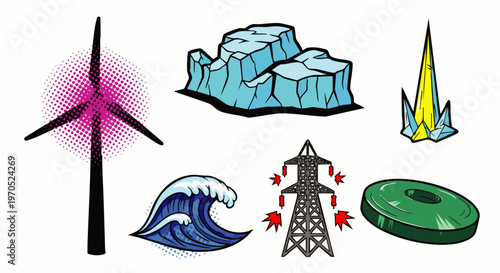 Set of icons representing renewable and non-renewable energy sources and related concepts, including wind turbine, icebergs, crystals, wave, power line, and UFO.