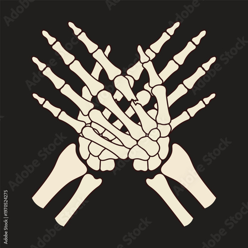 Crossed Skeleton Hands Vector Illustration, Intertwined Human Bone Anatomy for Halloween and Gothic Design