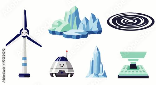 Set of cute cartoon icons representing renewable energy, nature, and technology: wind turbine, icebergs, whirlpool, robot, ice spike, and scale.