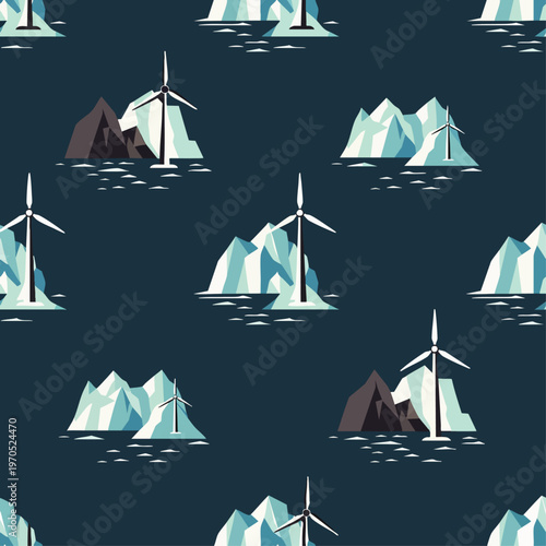 Seamless pattern of wind turbines on icebergs and mountains, representing renewable energy and environmental conservation