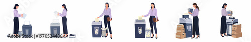 Illustrations of a businesswoman using a paper shredder to destroy confidential documents for data protection and security in an office setting.