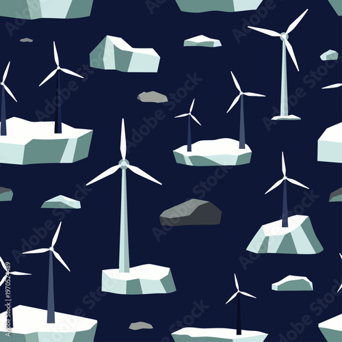 Seamless pattern of wind turbines on ice floes, symbolizing renewable energy and a sustainable future in cold environments.