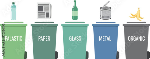 Comprehensive waste sorting guide featuring color-coded bins for plastic, paper, glass, metal, and organic refuse, promoting environmental sustainability and responsible recycling practices