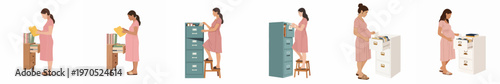 Set of flat vector illustrations of a pregnant woman in a pink dress organizing files and storage cabinets in various poses.